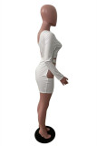 White Sexy Solid Hollowed Out Backless Oblique Collar Long Sleeve Dresses