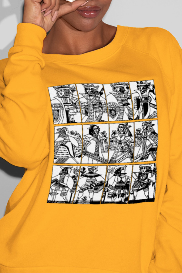 Yellow Fashion Street Print Patchwork O Neck Tops