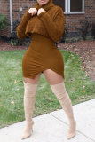 Coffee Sexy Solid Patchwork Turtleneck Long Sleeve Two Pieces