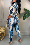 Blue Casual Print Patchwork Turndown Collar Long Sleeve Two Pieces