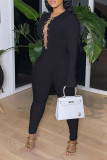 Black Sexy Solid Hollowed Out Split Joint Chains O Neck Regular Jumpsuits
