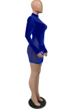 Blue Celebrities Solid Hollowed Out Patchwork O Neck Pencil Skirt Dresses