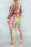 Blue Casual Print Patchwork Turndown Collar Long Sleeve Two Pieces