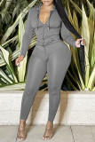 Grey Casual Solid Patchwork Zipper Hooded Collar Long Sleeve Two Pieces