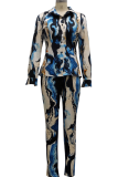 Blue Casual Print Patchwork Turndown Collar Long Sleeve Two Pieces