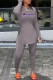 Grey Fashion Street Print Patchwork Slit O Neck Long Sleeve Two Pieces