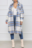 Blue Fashion Casual Plaid Cardigan Turndown Collar Outerwear