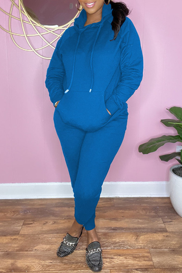 Blue Fashion Casual Solid Basic Hooded Collar Long Sleeve Two Pieces