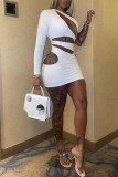 White Sexy Solid Hollowed Out Backless Oblique Collar Long Sleeve Dresses