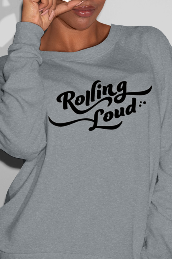 Grey Fashion Casual Print Letter O Neck Tops
