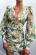 Green Fashion Sexy Print Fold V Neck Long Sleeve Dresses