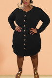 Black Fashion Sexy adult Ma'am O Neck Solid Button Plus Size