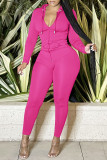 Rose Red Casual Solid Patchwork Zipper Hooded Collar Long Sleeve Two Pieces