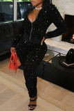 Blue Fashion Casual Patchwork Sequins Zipper Collar Two Pieces