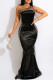 Black Sexy Patchwork Hot Drilling See-through Backless One Shoulder Evening Dress