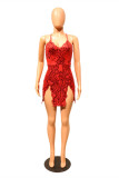 Red Fashion Sexy Patchwork Sequins V Neck Sling Dress