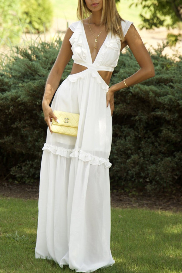 White Sexy Casual Solid Hollowed Out Patchwork V Neck Long Dress