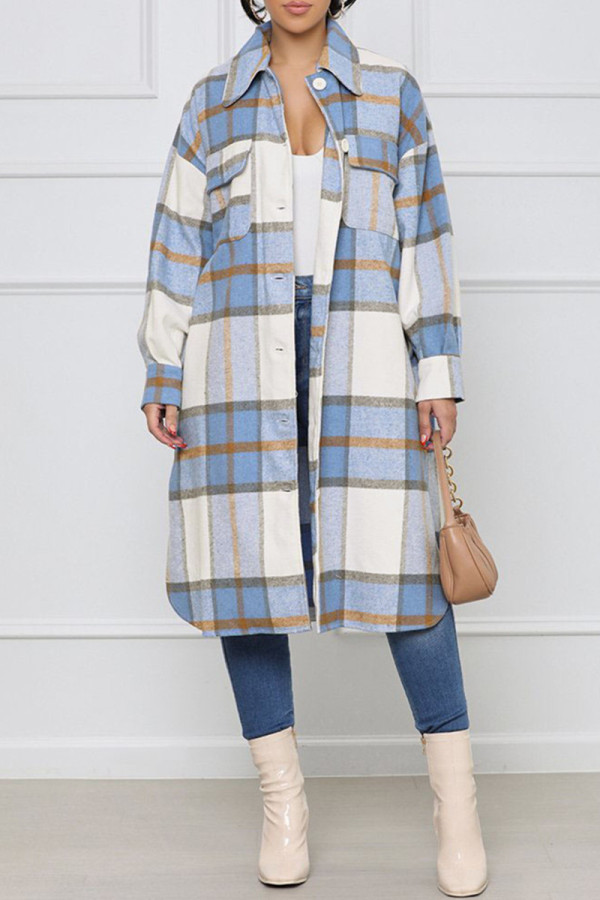 Blue Fashion Casual Plaid Cardigan Turndown Collar Outerwear