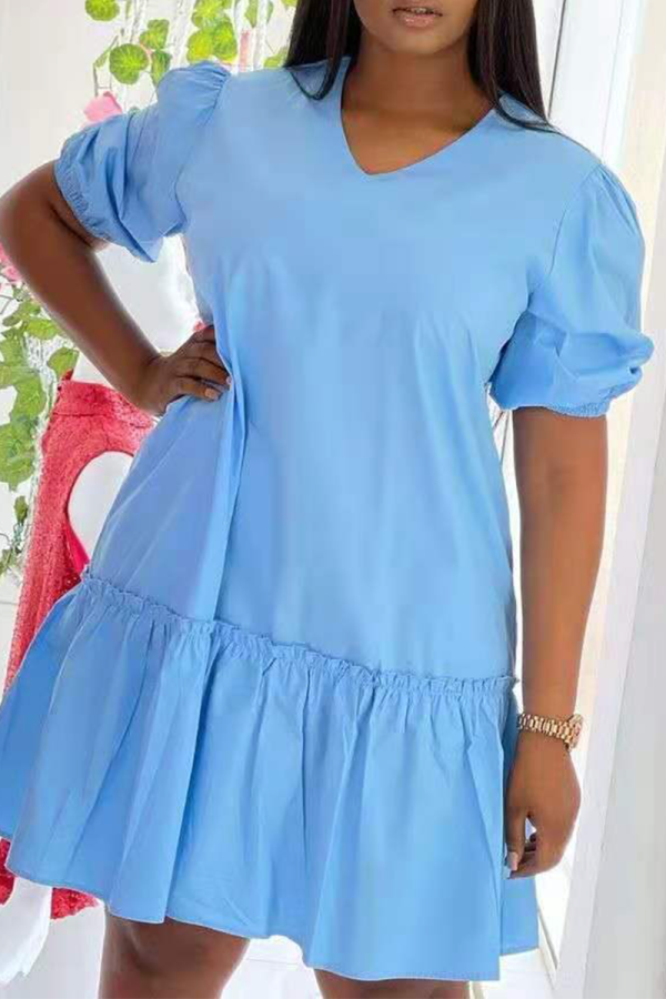 Sky Blue Casual Solid Patchwork V Neck Cake Skirt Dresses