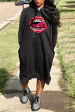 Red Casual Street Print Patchwork Hooded Collar Long Sleeve Dresses