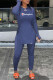 Blue Fashion Street Print Patchwork Slit O Neck Long Sleeve Two Pieces