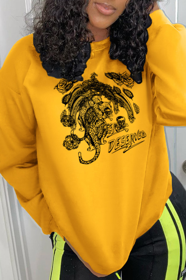 Yellow Street Vintage Animal Print Patchwork O Neck Tops