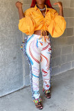 Pink Fashion Casual Print Tassel Patchwork Regular High Waist Pencil Trousers
