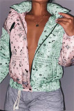 Pink Green Fashion Casual Print Patchwork Hooded Collar Outerwear