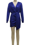 Blue Sexy Solid Split Joint Asymmetrical V Neck One Step Skirt Dresses