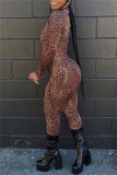 Leopard Print Fashion Casual Leopard Printing Turtleneck Skinny Jumpsuits