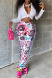 Pink Fashion Casual Print Tassel Patchwork Regular High Waist Pencil Trousers