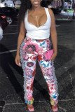 Pink Fashion Casual Print Tassel Patchwork Regular High Waist Pencil Trousers