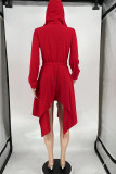 Red Casual Solid Patchwork Asymmetrical Zipper Hooded Collar Irregular Dress Dresses