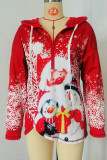 Red Casual Print Patchwork Hooded Collar Tops