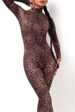 Leopard Print Fashion Casual Leopard Printing Turtleneck Skinny Jumpsuits
