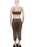 Brown Fashion Sexy Patchwork Sequins Backless U Neck Sling Dress