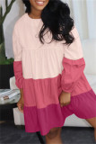 Pink Fashion Casual Patchwork Basic O Neck Long Sleeve Dresses