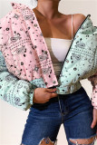 Pink Green Fashion Casual Print Patchwork Hooded Collar Outerwear