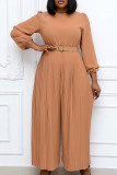 Green Casual Elegant Solid Split Joint With Belt O Neck Straight Jumpsuits
