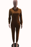 Coffee Casual Solid Split Joint Hooded Collar Long Sleeve Two Pieces