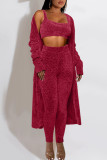 Red Casual Solid Patchwork U Neck Long Sleeve Three Pieces