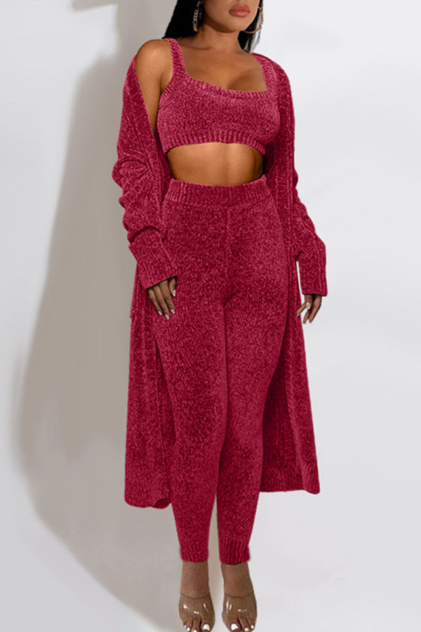 Red Casual Solid Patchwork U Neck Long Sleeve Three Pieces