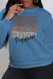 Blue Fashion Street Print Patchwork Letter O Neck Tops