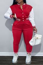 Red Casual Solid Split Joint O Neck Plus Size Two Pieces