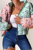 Pink Green Fashion Casual Print Patchwork Hooded Collar Outerwear