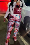 Pink Fashion Casual Print Tassel Patchwork Regular High Waist Pencil Trousers