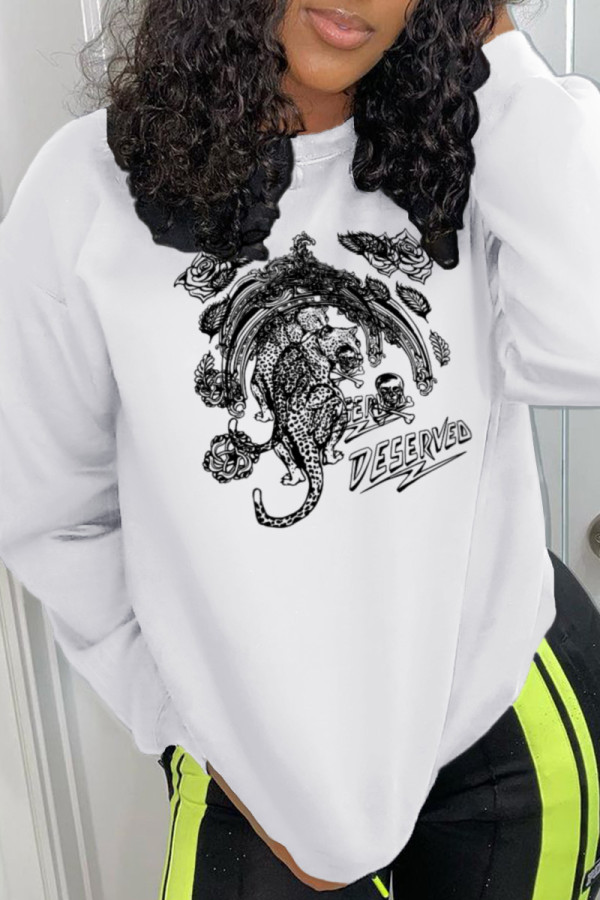 White Street Vintage Animal Print Patchwork O Neck Tops