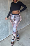Pink Fashion Casual Print Tassel Patchwork Regular High Waist Pencil Trousers