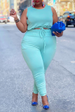 Sky Blue Casual Solid Split Joint O Neck Plus Size Two Pieces