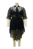 Black Fashion Plus Size Patchwork Hollowed Out See-through O Neck Short Sleeve Dress